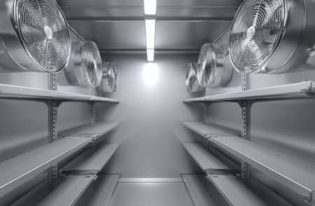 A metallic interior showcases a series of fans and shelves. The composition features symmetry and repetition with overhead lighting. The design presents a sterile, commercial or industrial aesthetic with cool tones and a clean, empty space. This image could serve for illustrations in business or technology contexts.の素材