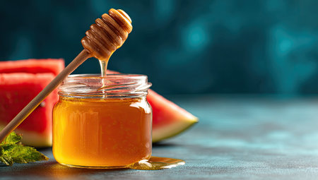 A close-up showcases a glass jar filled with honey, a wooden dipper, and several slices of red watermelon. The honey is a vibrant gold, glistening as it drips from the dipper. The scene features a teal backdrop with shallow depth of field, emphasizing the main subjects. This image could be suitable for culinary, health, or seasonal content.の素材