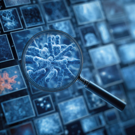 A magnifying glass focuses on a virus cell revealing its intricate blue structure. The image uses a shallow depth of field with overhead lighting to enhance the detail. The composition consists of numerous cell images arranged on a background. The graphic is suitable for use in various scientific publications and educational materials.の素材