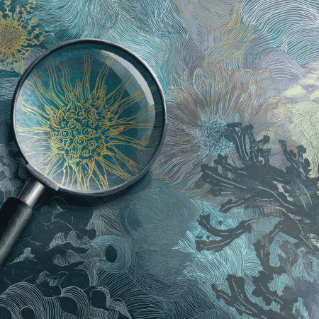 A magnifying glass focuses on an intricate floral pattern, revealing detailed textures and colors. The artwork combines soft and bold tones, creating a sense of depth and contrast. The composition, with its layered elements, may be suitable for various design applications, illustrations, and visual projects.の素材