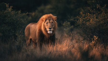A large lion is captured in a natural environment, lit by warm sunlight. The image showcases the lion with a full mane, surrounded by tall grass and foliage. The color palette consists of earthy tones. The image is suitable for various commercial and editorial uses.の素材