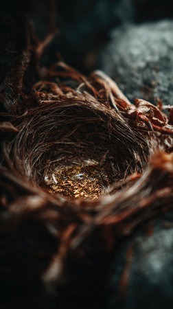 A detailed close-up view shows a bird nest. The natural texture reveals woven twigs, leaves, and other materials. Dark and moody lighting emphasizes the textures and depth of the nest. The image can be used for editorial purposes, illustrations, or design projects.の素材