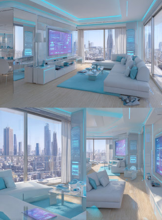 A luxurious modern interior is presented, featuring a panoramic city view through expansive windows. The design incorporates clean lines, a minimalist aesthetic, and a cool color palette of white and light blue. The composition displays a spacious living area suitable for various editorial and commercial projects.の素材
