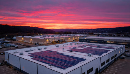 Aerial view presents several industrial structures with solar panels on their roofs. The buildings are set against a colorful sunset, with hues of orange, red, and purple illuminating the sky. This composition showcases architecture and renewable energy, suitable for illustrating energy efficiency and industrial progress.の素材