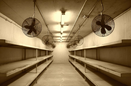 An interior shot shows a long corridor featuring numerous shelves and several fans. The scene is illuminated by warm, diffused lighting. The composition suggests an organized storage space. It could be used in commercial projects to illustrate order, storage, and architectural interiors.の素材