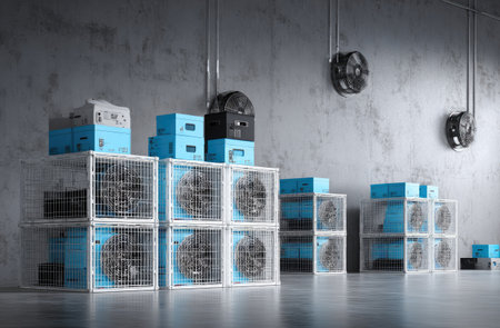 An indoor setting features a collection of stacked ventilation systems with a modern style. They are characterized by blue and white color scheme. The composition includes overhead lighting, highlighting the clean lines. This image would be suitable for illustrating concepts of technology or industrial design.の素材