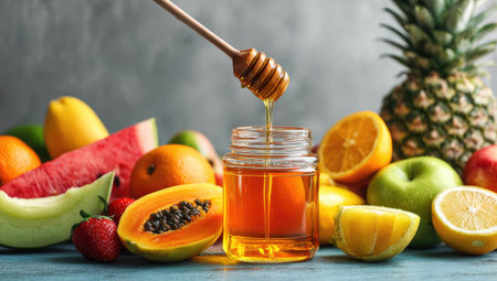 A close-up captures a jar of honey with a wooden dipper, positioned amidst a vibrant assortment of fresh fruits. These include oranges, pineapple, and watermelon. The scene displays a mix of warm and cool tones, with natural lighting. Suitable for illustrating healthy eating or culinary topics.の素材