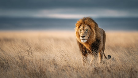 A male lion with a full mane stands in a field of tall, dry grass. The animal is captured in a wide shot with a blurred background suggesting a natural environment under soft, diffused lighting. This image could be used for wildlife documentaries, educational materials, or visual storytelling.の素材