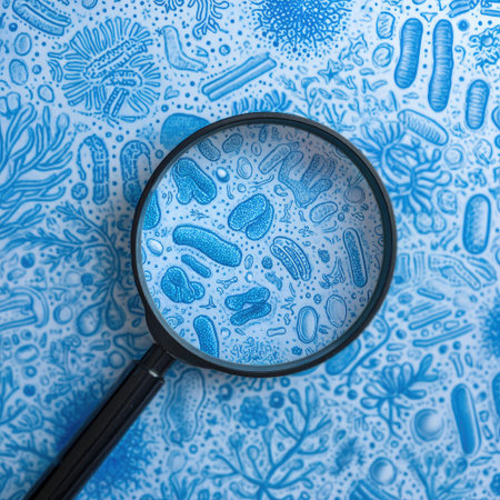 The image shows a magnifying glass focusing on a collection of detailed microorganism illustrations. The composition uses a blue and white color scheme, creating contrast. The style suggests a scientific or educational context, potentially suitable for publications or presentations related to biology or research.の素材