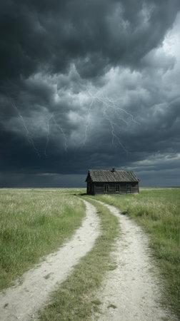 A small, weathered structure stands alone at the end of a path cutting across a vast green field. Overcast skies fill the frame with dark, ominous clouds. The rural scene features natural light and a dirt road leading towards the building, suitable for various commercial and illustrative applications.の素材