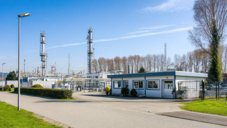 An industrial facility is depicted outdoors under a bright blue sky. The scene includes processing towers, several buildings, and greenery. The composition presents a view suggesting a manufacturing or energy production context. The image could be suitable for commercial purposes, illustrating infrastructure or industrial processes.の素材