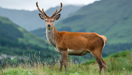 A regal deer is depicted in a natural outdoor environment. The animal displays a reddish-brown coat and impressive antlers, set against a backdrop of rolling green hills and mountains. The image features natural lighting and a balanced composition, suitable for various commercial and editorial applications.の素材