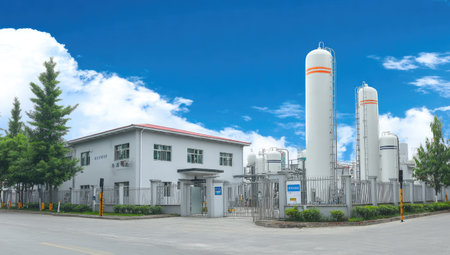 This image presents an industrial facility featuring several tall, white storage tanks and a small building. The scene is bathed in bright daylight with a clear blue sky overhead. The composition, with its emphasis on the tanks, may be suitable for commercial applications related to energy or industrial processes.の素材