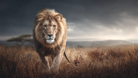 A large lion, the main subject, is depicted walking forward on a grassy field. The image showcases the animal with a full body in daylight, with a soft focus on the background. It is styled with realistic lighting, with shades of brown and orange. This image could be used in various commercial projects.の素材