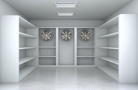 A minimalist interior showcases a white room with symmetrical shelving units. Three industrial fans are mounted on the wall. The scene features a bright, clean aesthetic with overhead lighting. This image is suitable for commercial projects emphasizing space, design, and storage solutions.の素材