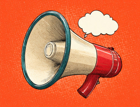 This illustration showcases a megaphone with a speech bubble against an orange backdrop. The image employs a comic book art style, featuring a mix of colors and textures. It could be used to visually communicate announcements or promotional messages for editorial or commercial applications.の素材