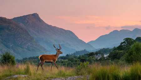 A stag with large antlers walks through tall grass with a mountainous landscape in the background. The image features soft, warm colors of a sunset sky, creating a serene atmosphere. The style is naturalistic, with a focus on the environment. This image could be used for various commercial and editorial purposes.の素材