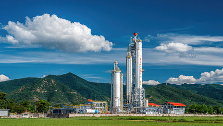 The image features a modern industrial complex, dominated by several tall, white towers against a vibrant blue sky dotted with fluffy clouds. Lush green fields and rolling hills create a natural backdrop. The scene is well-lit with an emphasis on clean lines, suitable for various commercial and editorial purposes.の素材