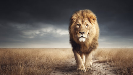 A regal lion strides confidently forward in this outdoor image. The scene is bathed in warm, natural light, illuminating the lion's golden mane and fur. The composition features a wide-angle view of the grassy plains with a dark, dramatic sky. This image could be suitable for various commercial and editorial purposes.の素材