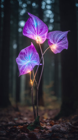 Three stylized flowers with glowing purple petals are centrally positioned, illuminated in a darkened forest environment. The image presents a contrast of light and shadow, showcasing intricate leaf veins. These elements could be used for fantasy themes, digital art projects, or conceptual designs related to nature and imagination.の素材