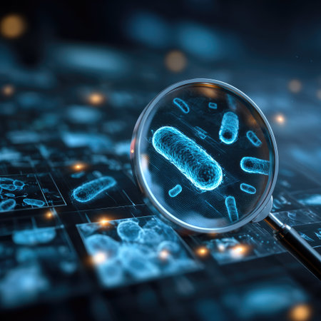 A close-up shows a magnifying glass examining various blue microscopic cells on a dark backdrop. The image is a digital illustration with a futuristic, scientific aesthetic. It features a shallow depth of field, soft lighting, and emphasizes a technological examination theme. This could be useful for science, research, or educational purposes.の素材