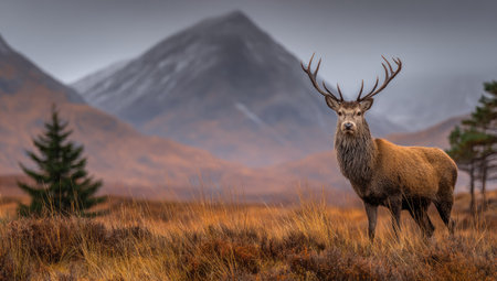 A regal stag with impressive antlers dominates the foreground, set against a backdrop of rolling hills and distant mountains. The scene is bathed in soft, natural light, enhancing the textures of the animal's fur and the autumnal hues of the vegetation. This image is suitable for various commercial projects related to nature, wildlife, and outdoor themes.の素材