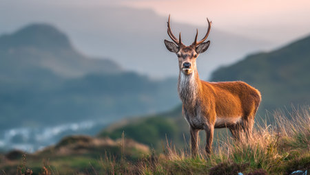 A regal deer with large antlers stands proudly on a grassy hillside, its reddish-brown coat contrasting with the green vegetation. Soft lighting and a blurred mountain range create a natural environment. The image is ideal for various applications, including wildlife and nature projects or illustrations.の素材