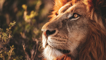 A close-up portrait showcases a lion's profile, bathed in warm sunlight. The image highlights the animal's textured fur, with tones of brown and gold. The composition emphasizes the lion's gaze, suggesting alertness. This image could be used for various commercial projects, including advertising and editorial content.の素材