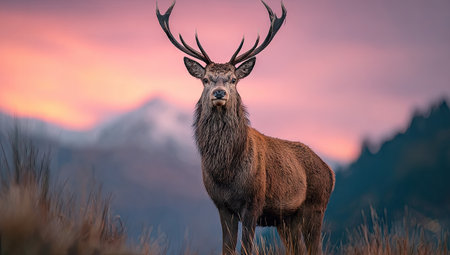 A stately stag stands proudly against a backdrop of rolling hills and a vibrant sunset. Its antlers are prominent, and its coat is rich in color. The image showcases soft lighting and a detailed composition, suggesting a serene outdoor environment. Suitable for editorial content or nature-themed visual projects.の素材