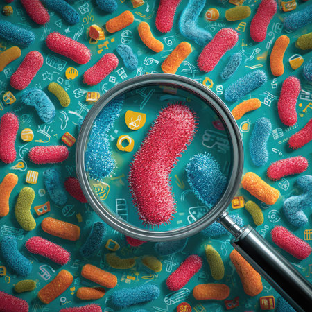 A detailed illustration shows numerous brightly colored bacteria cells viewed through a magnifying glass. The image showcases a high-angle perspective, with a vibrant palette dominating the composition. This visualization provides insights into cellular structures, possibly suitable for science education or medical presentations.の素材