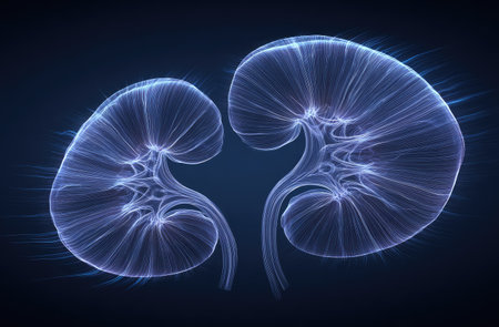 This medical illustration depicts the human kidneys in a semi-transparent, glowing blue render against a dark backdrop. The anatomical details are emphasized, highlighting the intricate structures of the organs. The image is likely intended for educational or informational purposes, suitable for various medical or scientific applications.の素材