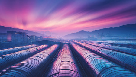 An expansive view features large industrial pipes stretching towards the horizon. The scene is bathed in the warm hues of a sunset, with a dramatic sky overhead. This composition could be utilized for projects related to industry, engineering, or infrastructural themes. The image's vibrant colors and dynamic composition suggest possible commercial applications.の素材