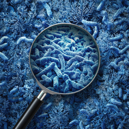 This image features a close-up view of bacteria observed under a magnifying glass. The composition highlights the detailed structures and shapes within. It employs cool tones with textural elements, creating a visually compelling effect. Suitable for scientific publications or educational materials, the image is designed for diverse applications.の素材