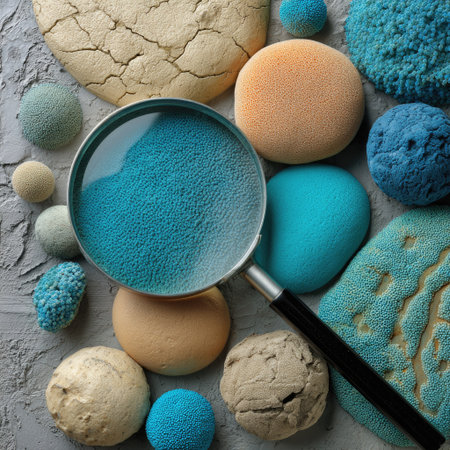 An overhead view showcases a magnifying glass focused on a cluster of diverse shapes with varied textures and hues. The composition features soft lighting and a close-up perspective, highlighting a variety of colors and forms. This image could be suitable for illustrating concepts in design or educational materials.の素材