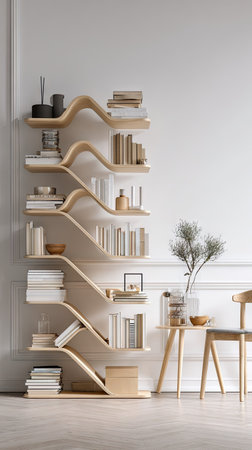An elegant wooden bookshelf stands against a bright white wall, filled with books and decorative items. The design features smooth, curved shelves creating a unique aesthetic. Natural lighting enhances the textures of the wood and objects. This image could be used for interior design or lifestyle publications.の素材