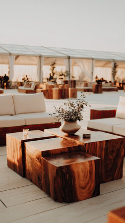 An outdoor lounge area showcases a collection of wooden tables and cream-colored sofas. The composition features natural light enhancing the wooden textures and subtle color palette. This scene suggests a relaxing environment for various commercial applications. The soft light suggests a daytime or early evening setting.の素材