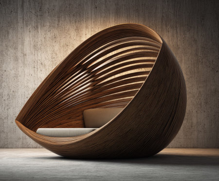 A contemporary wooden chair sculpture is presented, set against a textured concrete wall. The design incorporates smooth, curved lines and warm wooden tones. The composition features artistic lighting. Suitable for illustrating design, architecture, or concepts of relaxation and modern living, it offers versatile applications in various visual projects.の素材