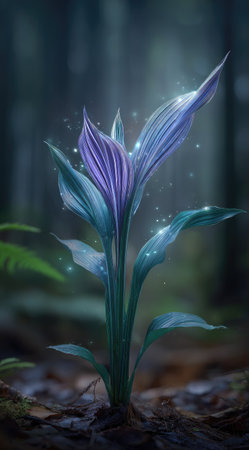 A captivating image features a solitary purple flower, its petals radiating upwards. The plant's stems and leaves are a shade of teal green. Tiny glowing particles suggest a magical environment, set within a dark, blurry forest. Suitable for fantasy artwork, book covers, or creative content needing an enchanting ambiance.の素材
