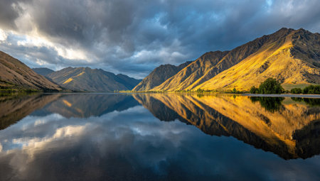 A scenic view showcases a mountain range mirrored in a serene lake. The composition features a dramatic sky filled with dark clouds and shafts of sunlight. The natural landscape presents a contrast of textures and colors, suitable for a range of environmental and editorial content needs.の素材