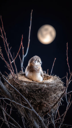 A small owl rests in its nest, illuminated by the soft glow of the moon. The image highlights the bird's intricate feathers and the textured nest. The background features a dark, star-filled sky, suggesting a nocturnal setting, perfect for nature publications and wildlife themed projects.の素材