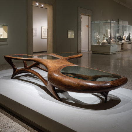 A uniquely designed wooden coffee table features a biomorphic shape with glass inserts. The composition highlights the table against a muted backdrop of a museum interior. Warm tones from the wood contrast with the cool tones of the setting. Suitable for design, furniture, or architectural projects.の素材
