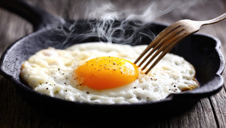 A fried egg with a bright yellow yolk sizzles in a dark cast iron skillet. Steam rises from the freshly cooked food. The composition includes a fork. The image portrays food preparation. It may be suitable for editorial or commercial purposes.の素材