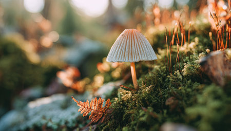 A lone mushroom stands out against a backdrop of green moss and blurred foliage. Soft sunlight illuminates the scene, highlighting the mushroom's cap and stem. The image showcases natural textures and colors, hinting at an outdoor setting. Suitable for illustrating concepts related to nature and ecology, also for editorial use.の素材