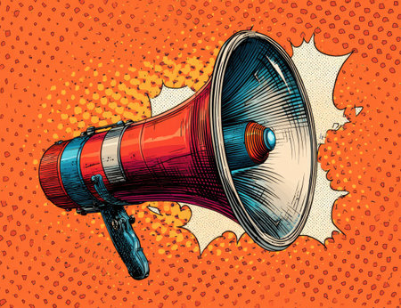 A vintage megaphone, rendered in a pop art style, is the central focus of this graphic. The image showcases bold outlines and vivid colors against an orange backdrop with a halftone pattern. This vector illustration could be used in advertising, marketing materials, or design projects.の素材