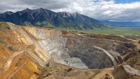 An aerial view showcases an open pit mine with layers of exposed earth and rock. The landscape features a large, circular excavation in earth tones, contrasted by the green terrain and mountains under a dramatic, cloudy sky. This image could be used for illustrating industrial processes or environmental themes.の素材