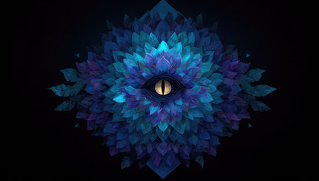 A stylized eye resides at the center of a symmetrical floral design, formed by overlapping elements. The artwork showcases a range of cool hues, predominantly blue and purple, against a deep black backdrop. This creative illustration could be used for a variety of artistic projects and conceptual designs.の素材