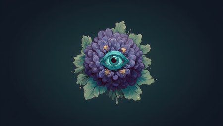 A digital composition presents a central floral-like structure with a prominent eye. The artwork showcases hues of purple, green, and turquoise, with detailed textures. Its composition against a dark background creates a visually intriguing effect, suitable for various creative applications. It could be employed for design purposes.の素材