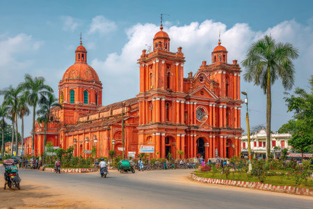 An elaborate red brick building dominates the scene, featuring multiple domes and architectural details. The structure is bathed in bright sunlight, highlighting its textures. The composition includes palm trees and a street scene, suggesting an outdoor environment. This image could be used in various commercial and editorial projects.の素材