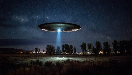 An unidentified flying object, or UFO, is captured hovering above a dark rural landscape at night. The craft emits a bright beam of light towards the ground. The night sky features numerous visible stars. This imagery can be used for sci-fi, mystery, or conceptual themes.の素材