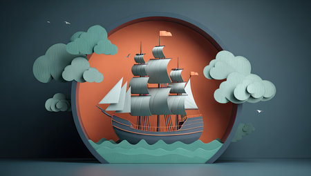 A papercraft ship sails on a teal ocean with puffy clouds and a orange circle in the background. The image showcases a stylized nautical scene with soft lighting. This illustration could be used for designs related to travel, adventure, or educational materials.の素材